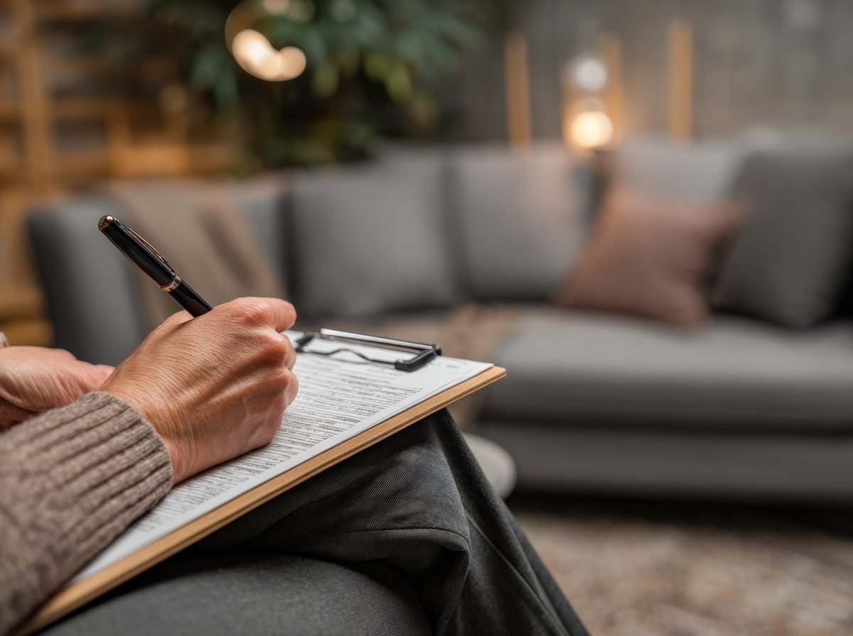 A hand signing an informed consent form on a clipboard