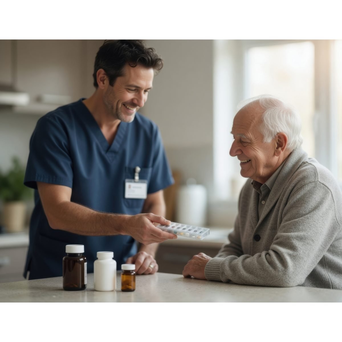 A clinician handing a labeled medication organizer to an older patient