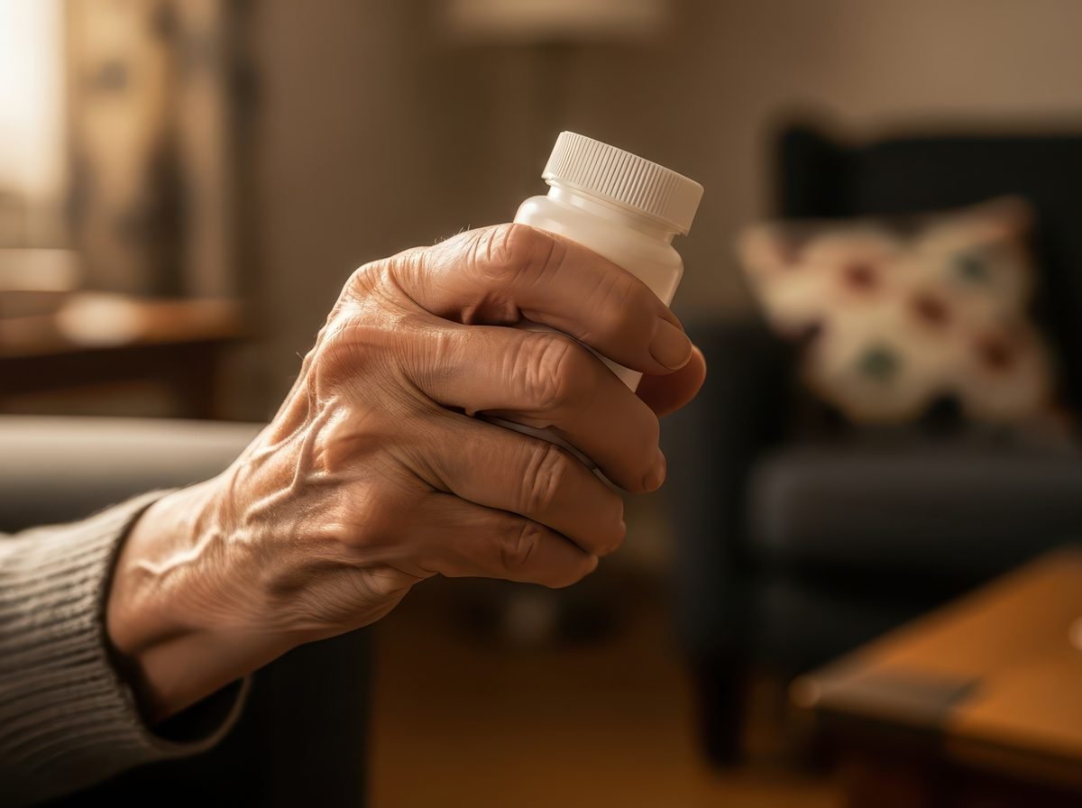 An older patient's hand holding a medication bottle at home