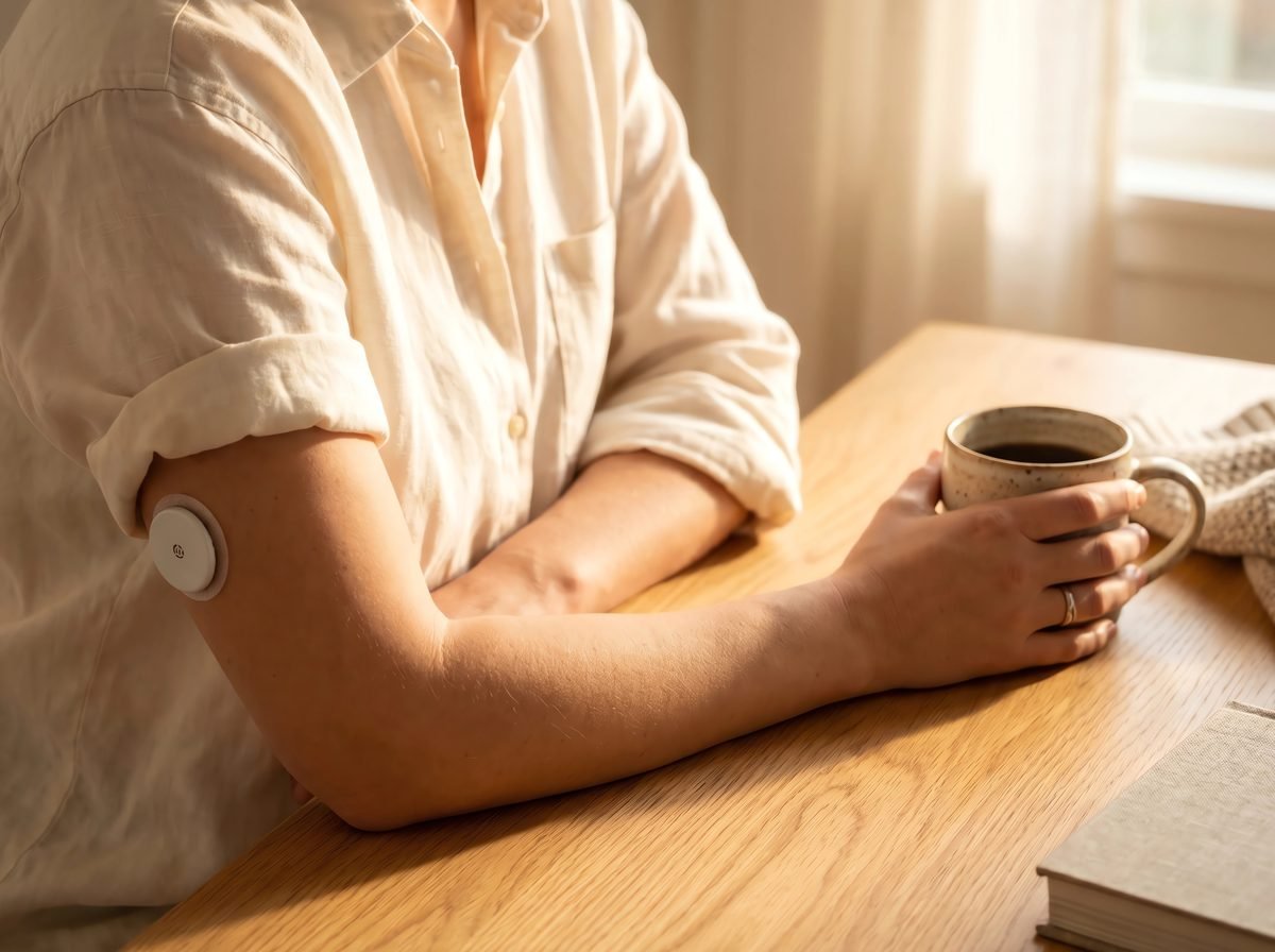 A study participant wearing a longitudinal monitoring patch on their arm at home